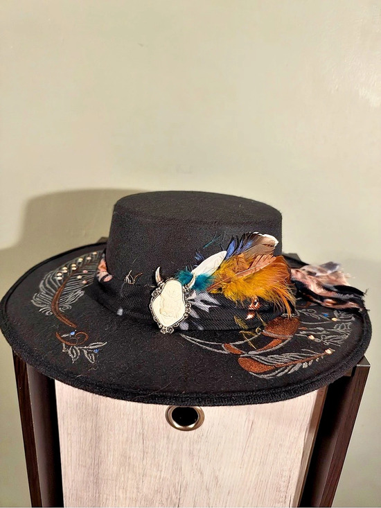 Accessories - Custom Black Western Cowboy Hat Steer Skull Feathers Rhinestone Stay Wild